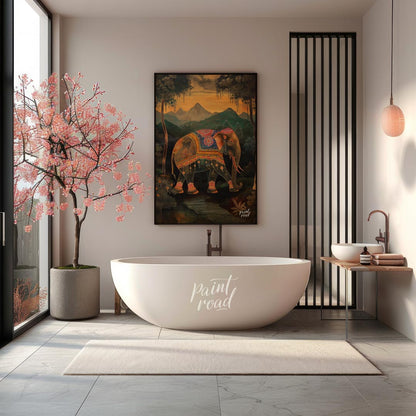 This enchanting artwork presents a stately elephant adorned with elaborate, jewel-toned coverings, … for bathroom