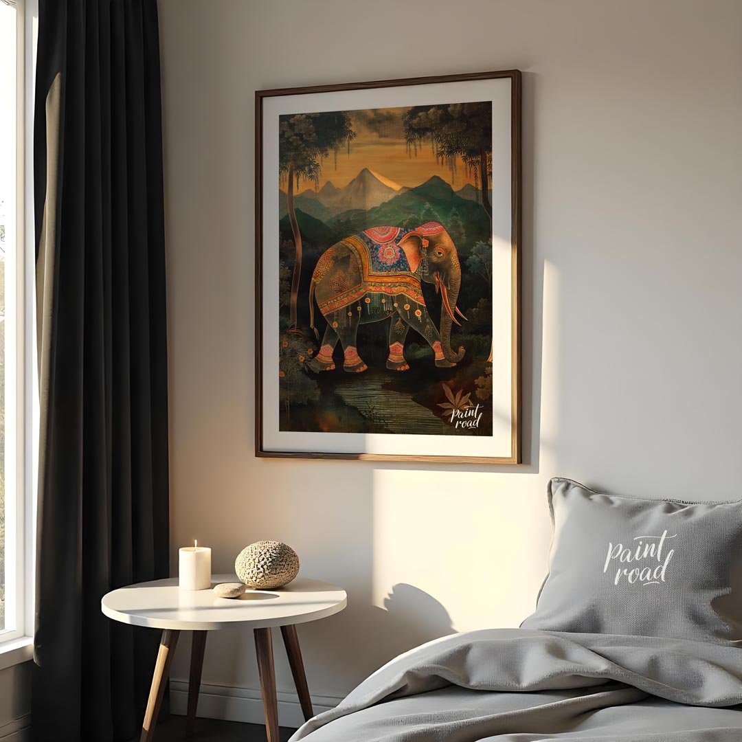 This enchanting artwork presents a stately elephant adorned with elaborate, jewel-toned coverings, … for bedroom