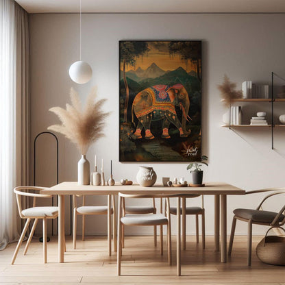This enchanting artwork presents a stately elephant adorned with elaborate, jewel-toned coverings, … for dining room