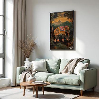 This enchanting artwork presents a stately elephant adorned with elaborate, jewel-toned coverings, … for living room