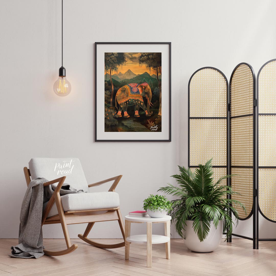 This enchanting artwork presents a stately elephant adorned with elaborate, jewel-toned coverings, … for living room