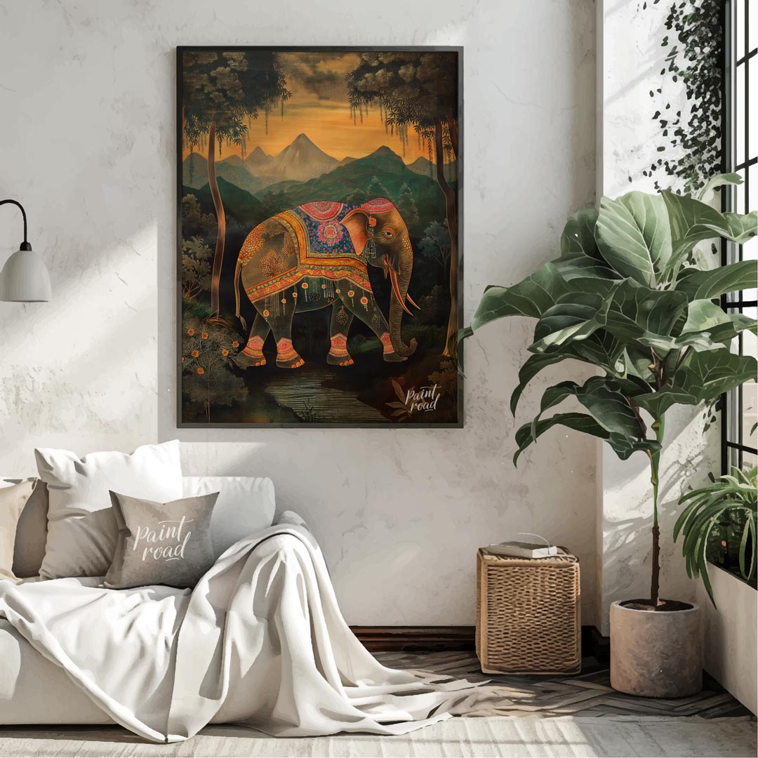 This enchanting artwork presents a stately elephant adorned with elaborate, jewel-toned coverings, … for living room
