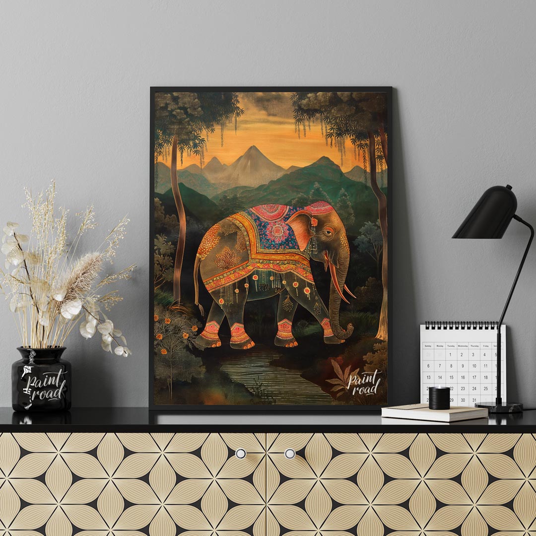 This enchanting artwork presents a stately elephant adorned with elaborate, jewel-toned coverings, … for office