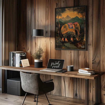 This enchanting artwork presents a stately elephant adorned with elaborate, jewel-toned coverings, … for office