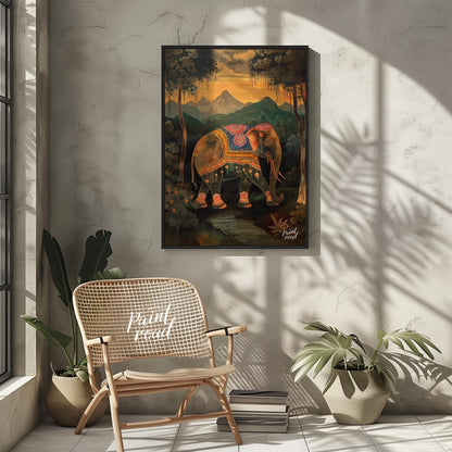 This enchanting artwork presents a stately elephant adorned with elaborate, jewel-toned coverings, … for other