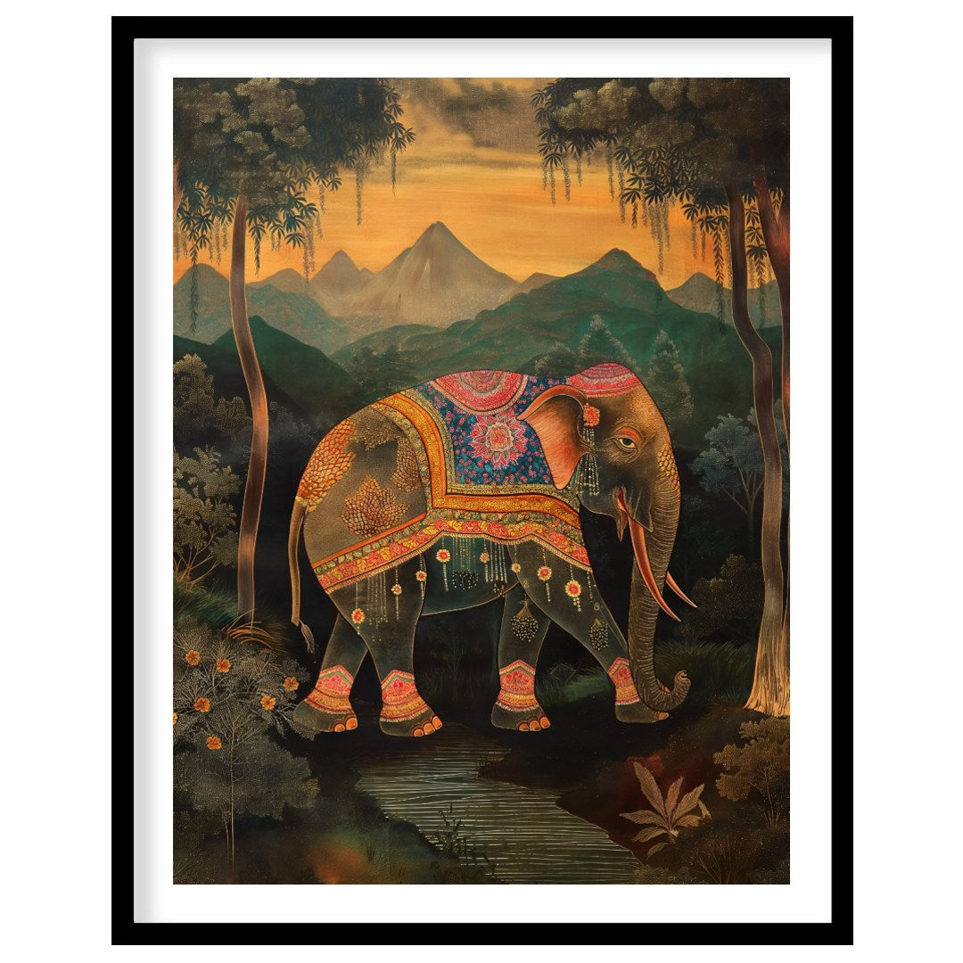 This enchanting artwork presents a stately elephant adorned with elaborate, jewel-toned coverings, … for sweet-home
