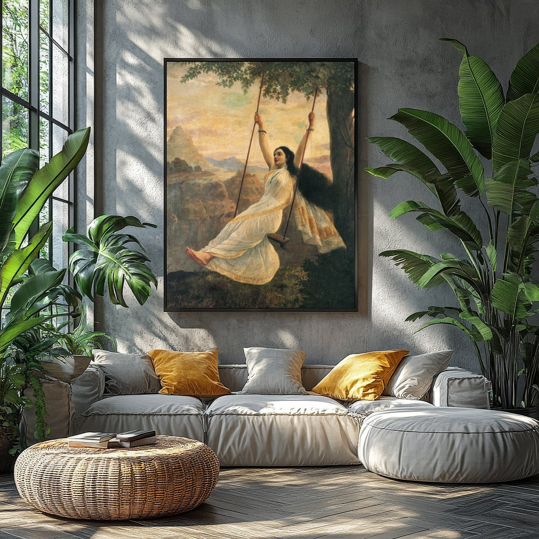 Capture the essence of serene delight with this stunning artwork portraying a graceful woman on a for Balcony