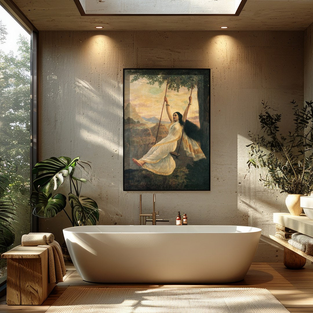 Capture the essence of serene delight with this stunning artwork portraying a graceful woman on a for Bathroom