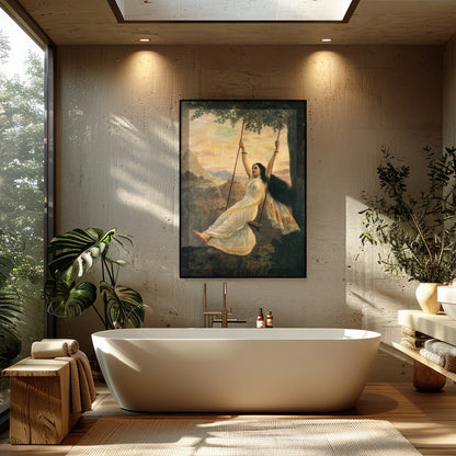 Capture the essence of serene delight with this stunning artwork portraying a graceful woman on a for Bathroom