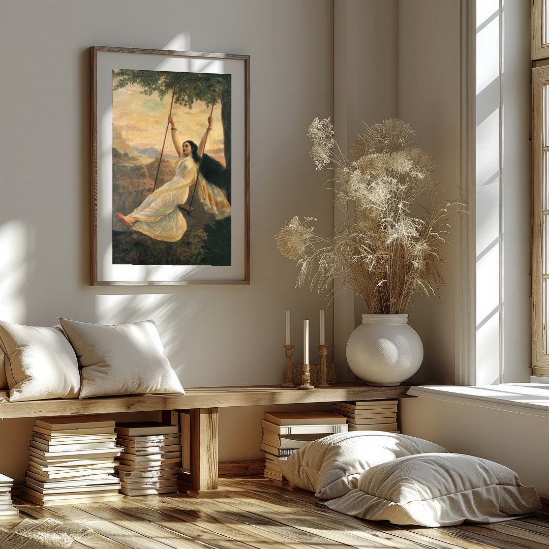 Capture the essence of serene delight with this stunning artwork portraying a graceful woman on a for dwelling