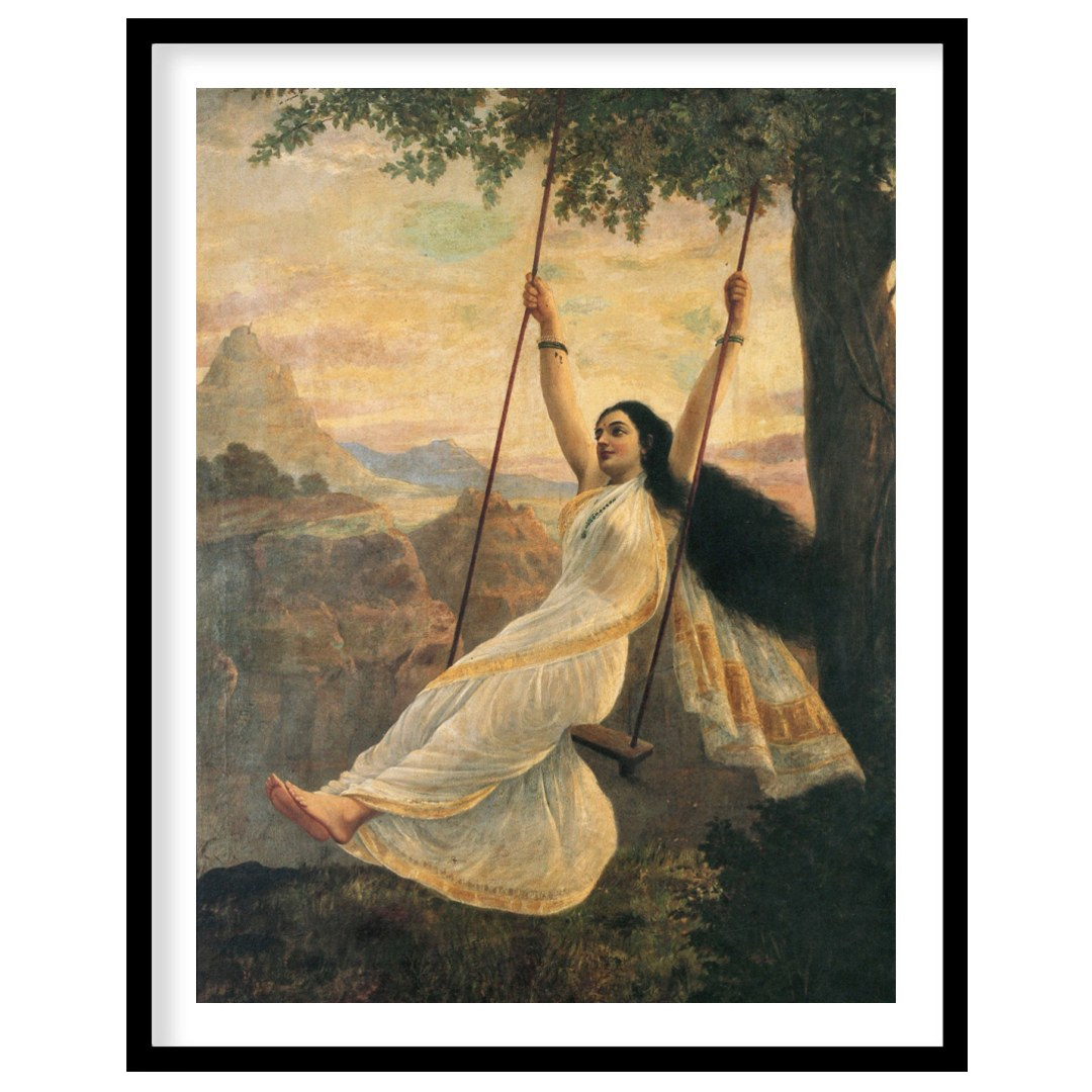 Capture the essence of serene delight with this stunning artwork portraying a graceful woman on a for gallery