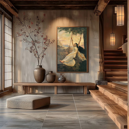 Capture the essence of serene delight with this stunning artwork portraying a graceful woman on a for Hall