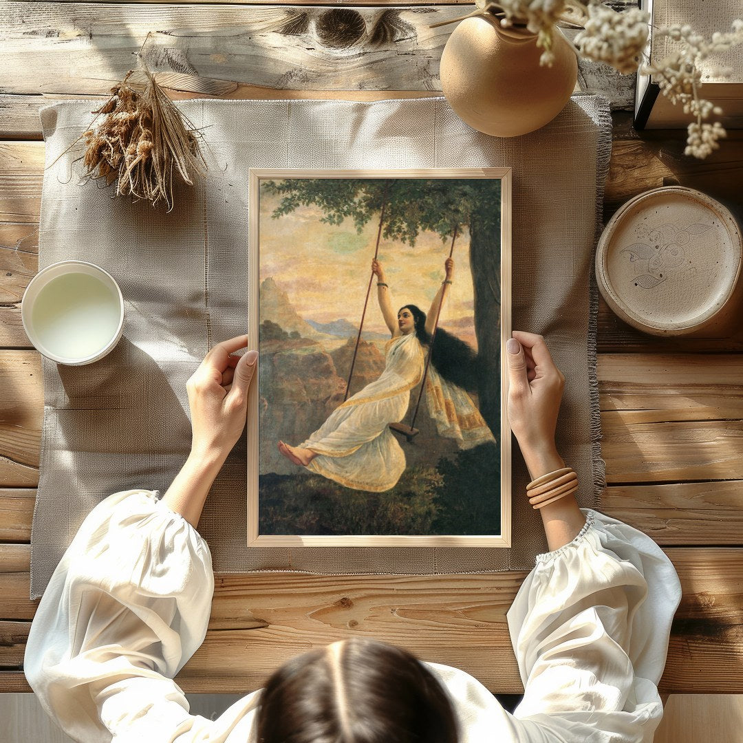 Capture the essence of serene delight with this stunning artwork portraying a graceful woman on a for Kitchen