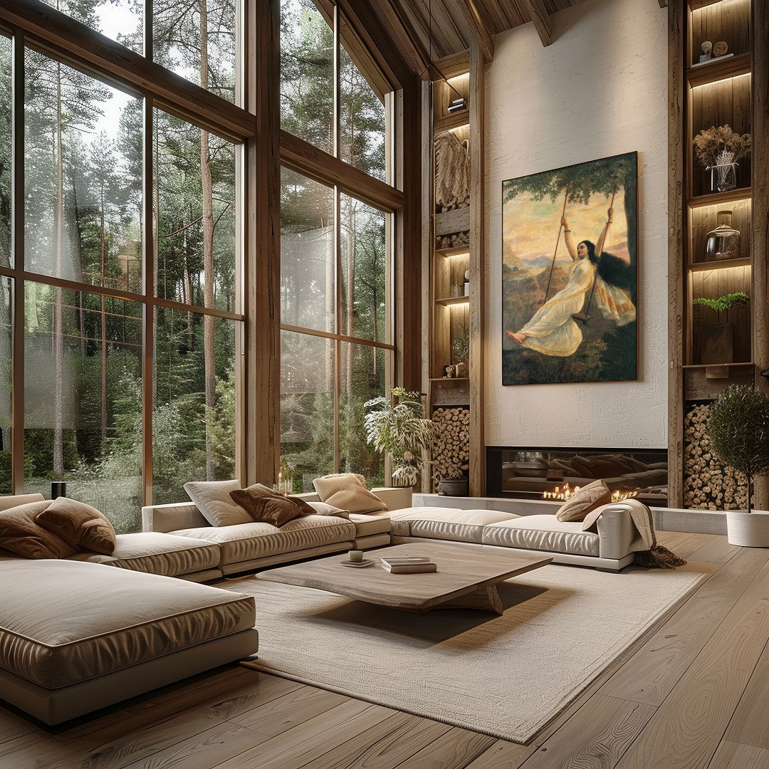 Capture the essence of serene delight with this stunning artwork portraying a graceful woman on a for Living Room
