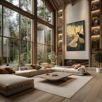 Capture the essence of serene delight with this stunning artwork portraying a graceful woman on a for Living Room