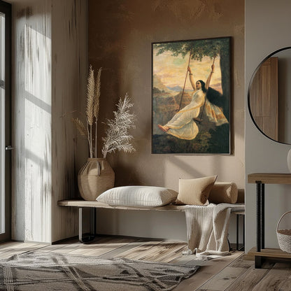 Capture the essence of serene delight with this stunning artwork portraying a graceful woman on a for sanctuary