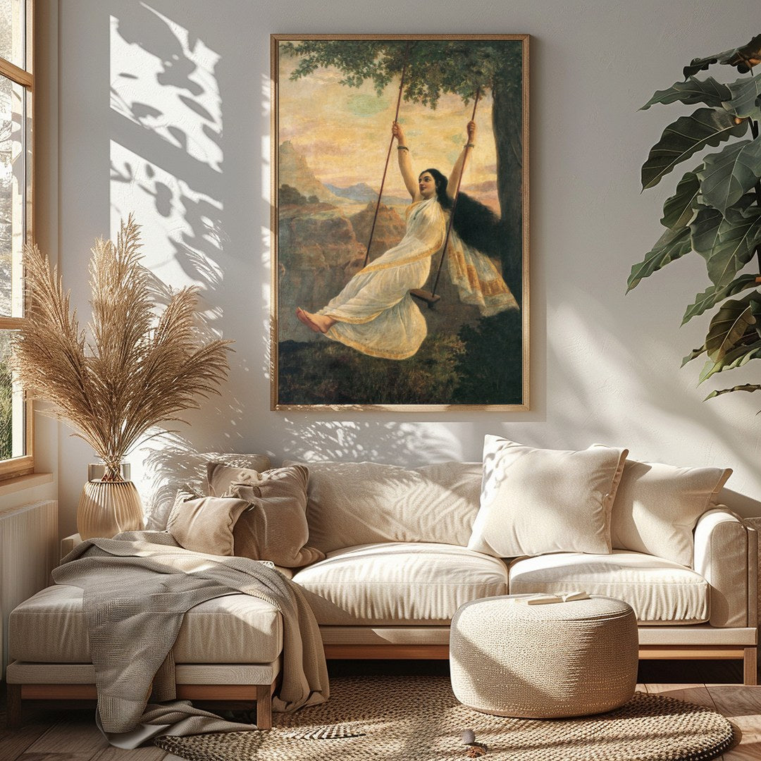 Capture the essence of serene delight with this stunning artwork portraying a graceful woman on a for Sitting Area