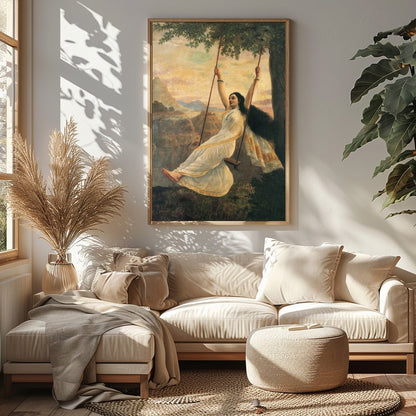 Capture the essence of serene delight with this stunning artwork portraying a graceful woman on a for Sitting Area