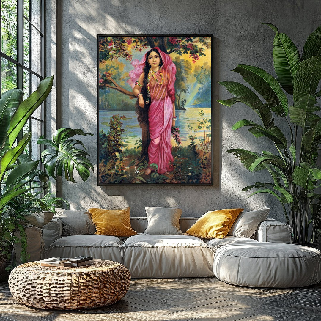 This captivating artwork showcases a serene maiden dressed in a flowing pink saree amidst an for Balcony