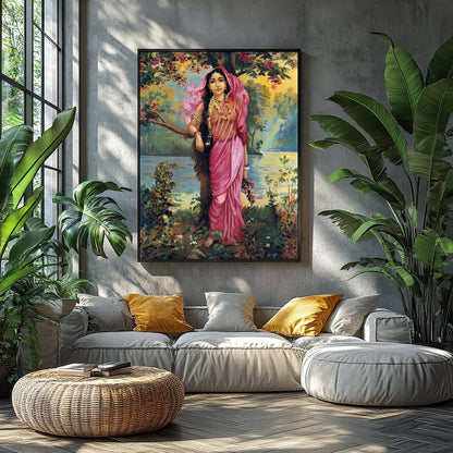 This captivating artwork showcases a serene maiden dressed in a flowing pink saree amidst an for Balcony