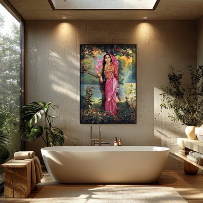 This captivating artwork showcases a serene maiden dressed in a flowing pink saree amidst an for Bathroom