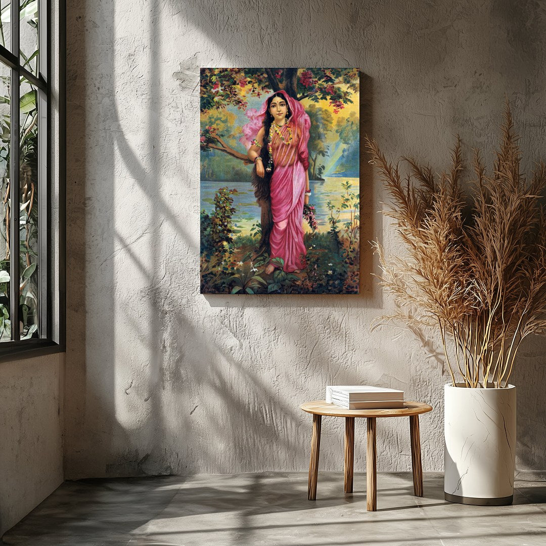 This captivating artwork showcases a serene maiden dressed in a flowing pink saree amidst an for Entrance