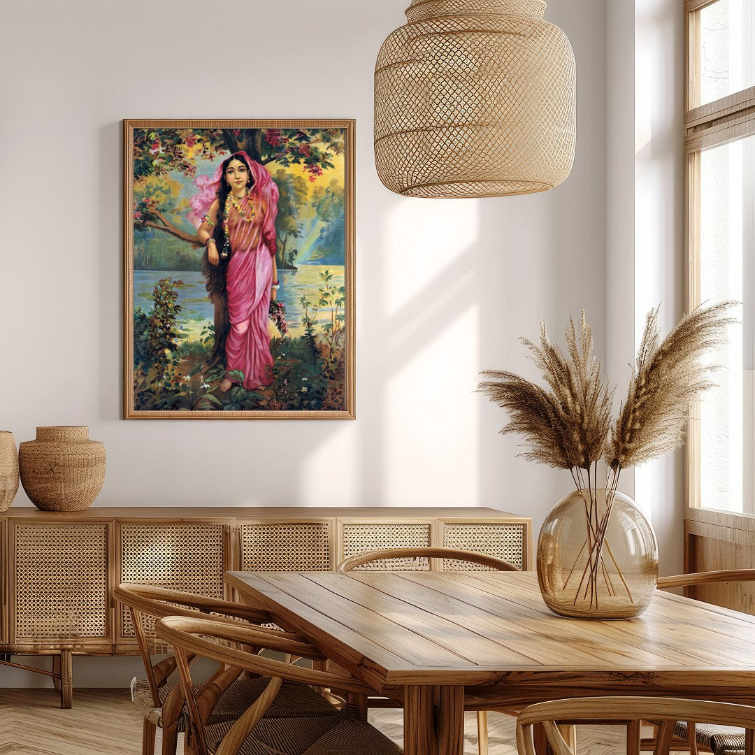 This captivating artwork showcases a serene maiden dressed in a flowing pink saree amidst an for Extra Kitchen