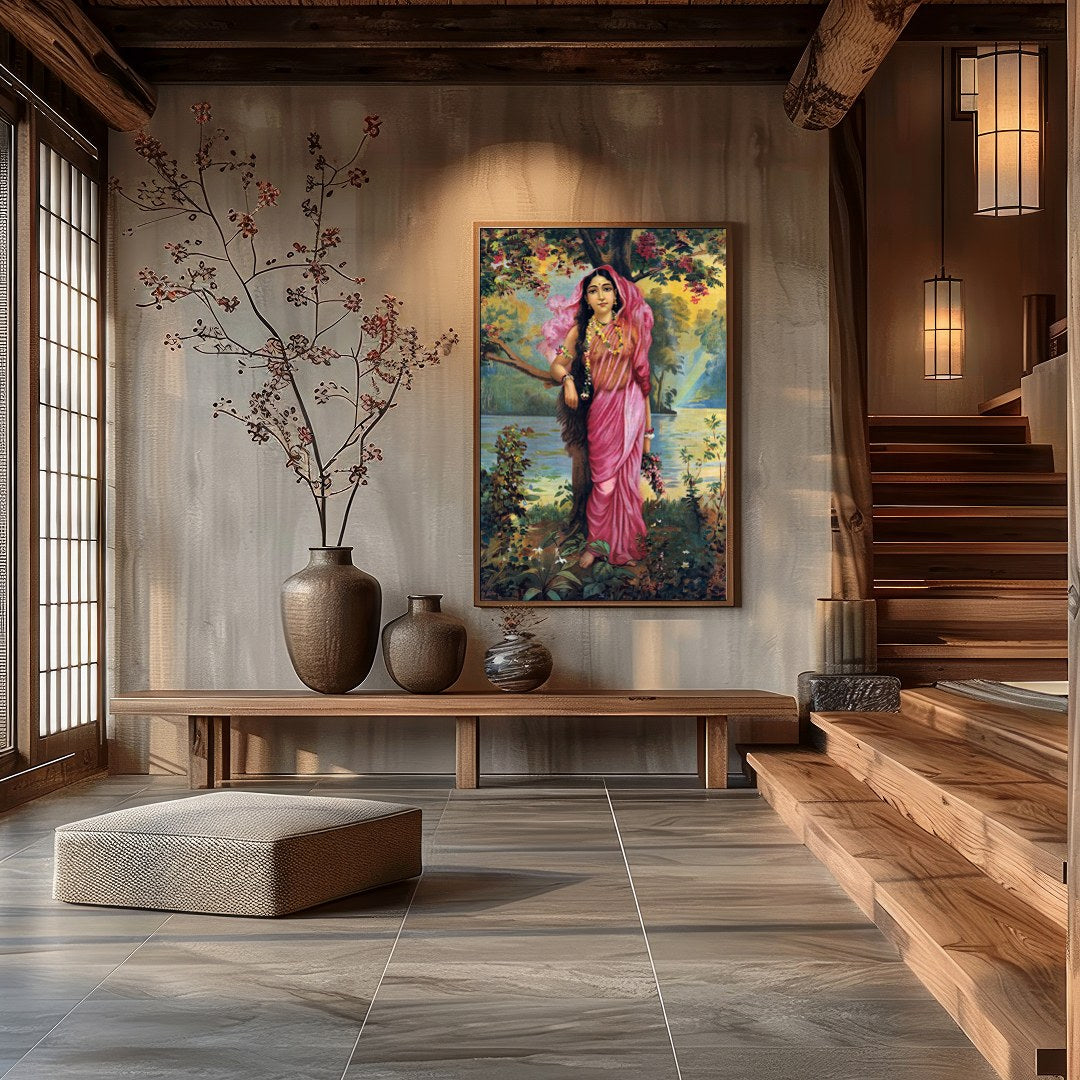 This captivating artwork showcases a serene maiden dressed in a flowing pink saree amidst an for Hall