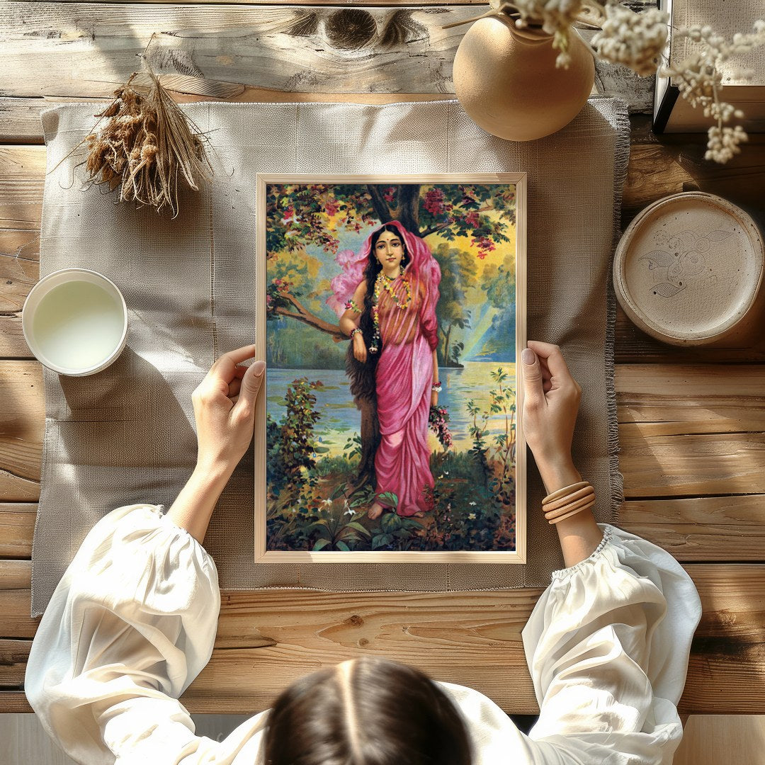 This captivating artwork showcases a serene maiden dressed in a flowing pink saree amidst an for Kitchen