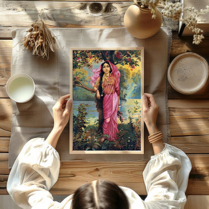 This captivating artwork showcases a serene maiden dressed in a flowing pink saree amidst an for Kitchen