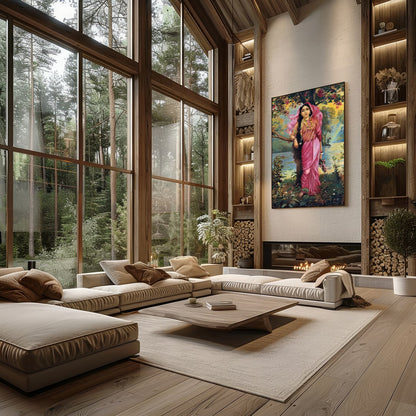 This captivating artwork showcases a serene maiden dressed in a flowing pink saree amidst an for Living Room