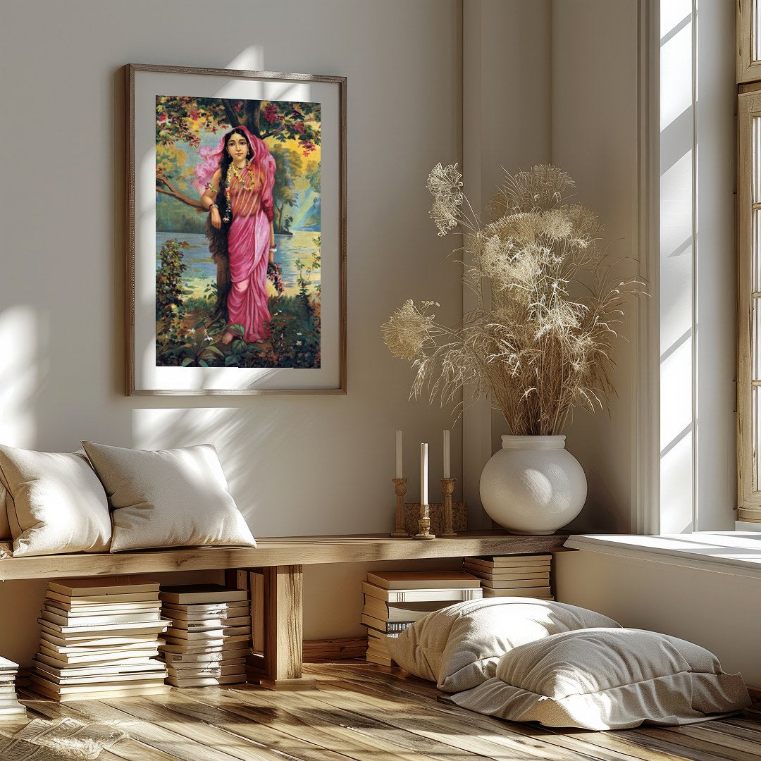 This captivating artwork showcases a serene maiden dressed in a flowing pink saree amidst an for place