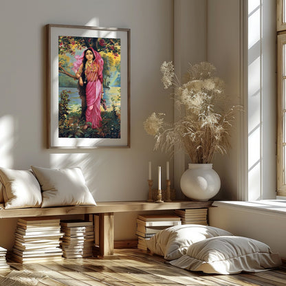 This captivating artwork showcases a serene maiden dressed in a flowing pink saree amidst an for place