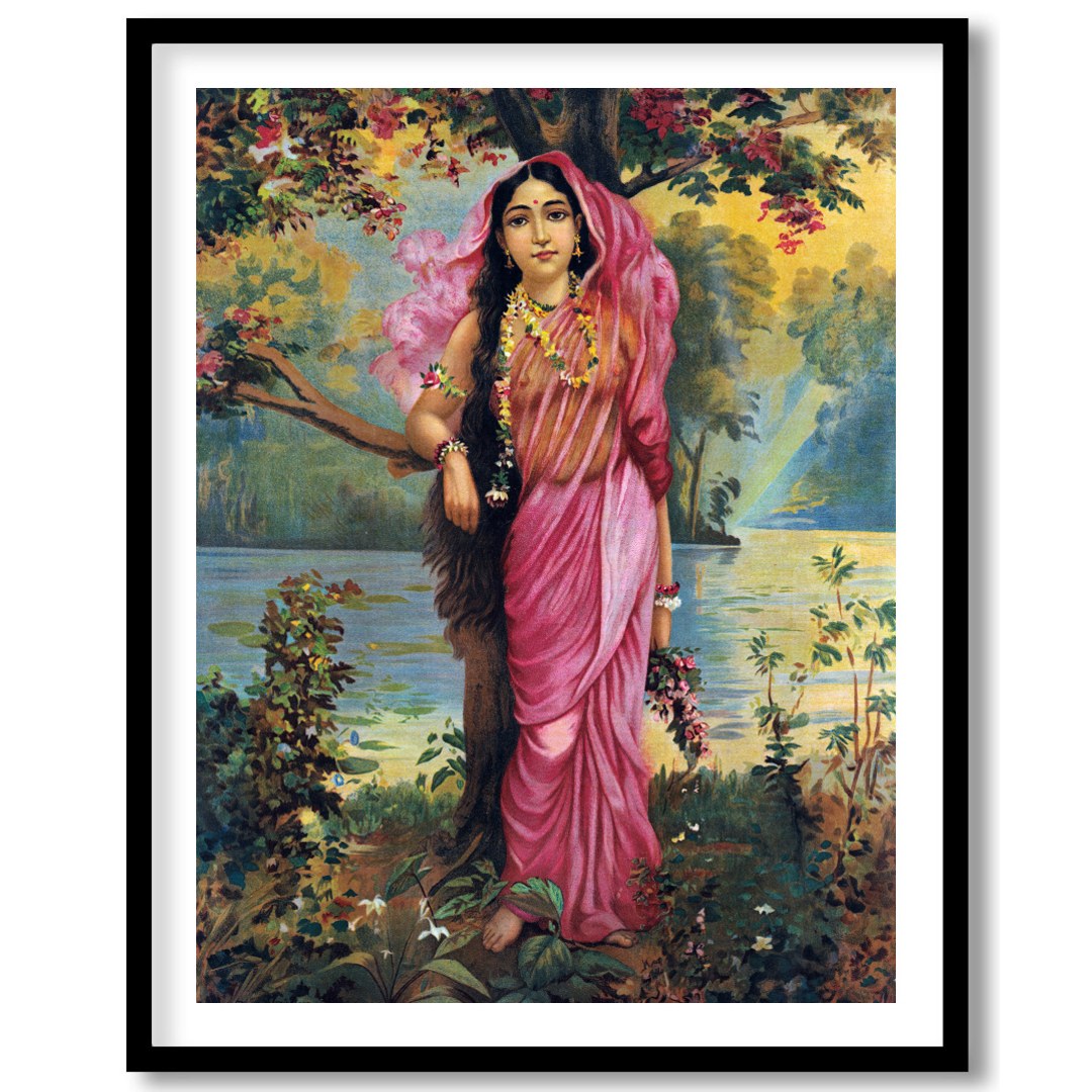 This captivating artwork showcases a serene maiden dressed in a flowing pink saree amidst an for sanctuary