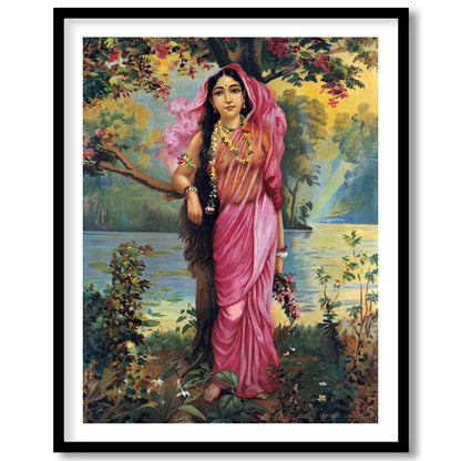 This captivating artwork showcases a serene maiden dressed in a flowing pink saree amidst an for sanctuary