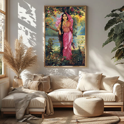 This captivating artwork showcases a serene maiden dressed in a flowing pink saree amidst an for Sitting Area