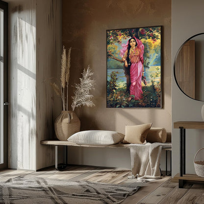 This captivating artwork showcases a serene maiden dressed in a flowing pink saree amidst an for sweet-home
