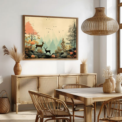 This captivating artwork captures a serene forest scene with delicate deer amidst vibrant foliage. for Dining