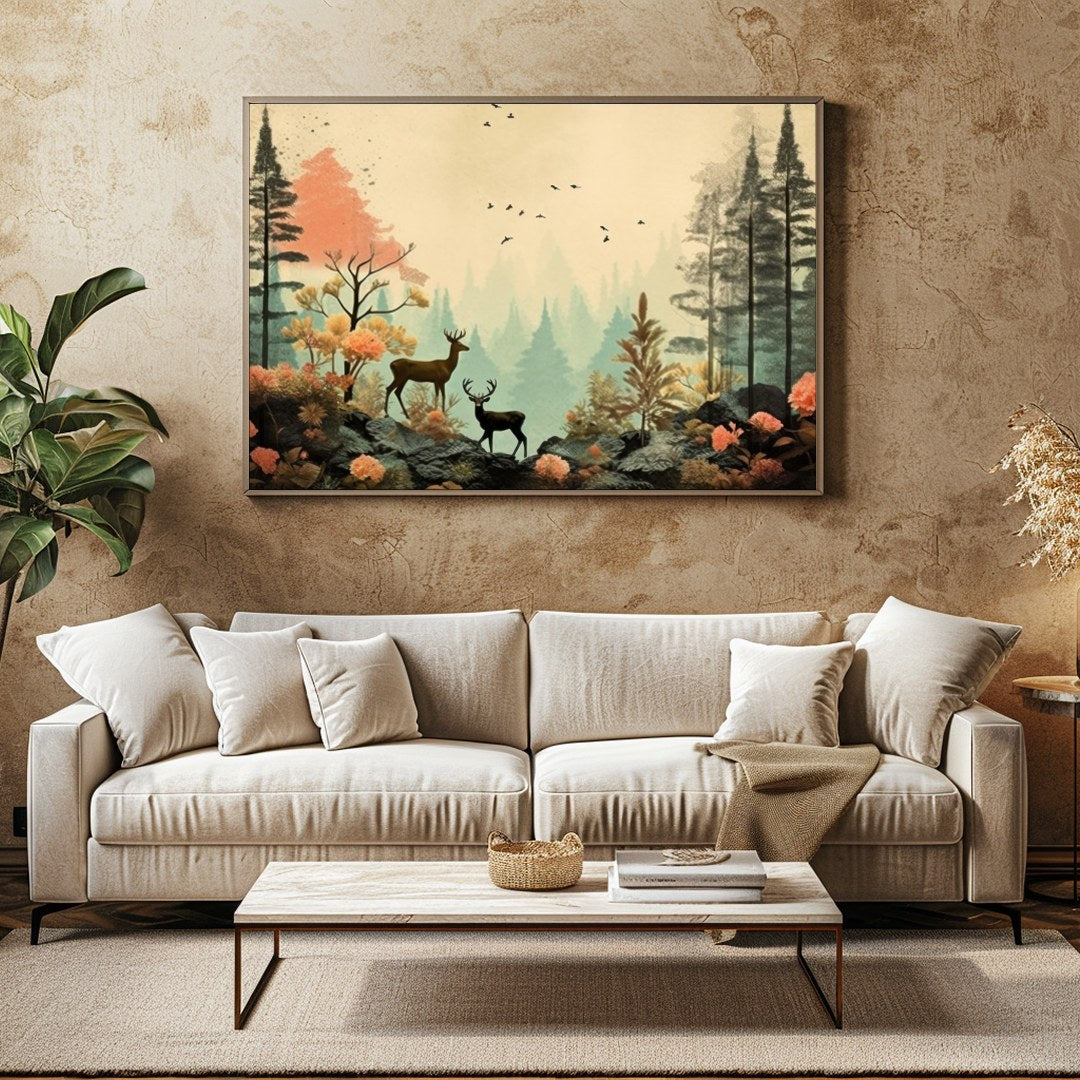 This captivating artwork captures a serene forest scene with delicate deer amidst vibrant foliage. for Family Room
