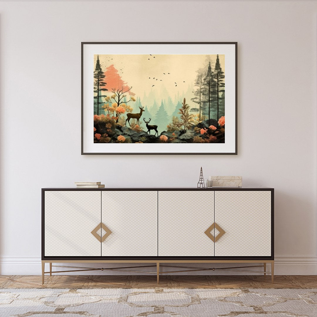 This captivating artwork captures a serene forest scene with delicate deer amidst vibrant foliage. for Foyer