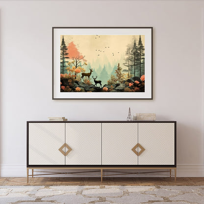 This captivating artwork captures a serene forest scene with delicate deer amidst vibrant foliage. for Foyer
