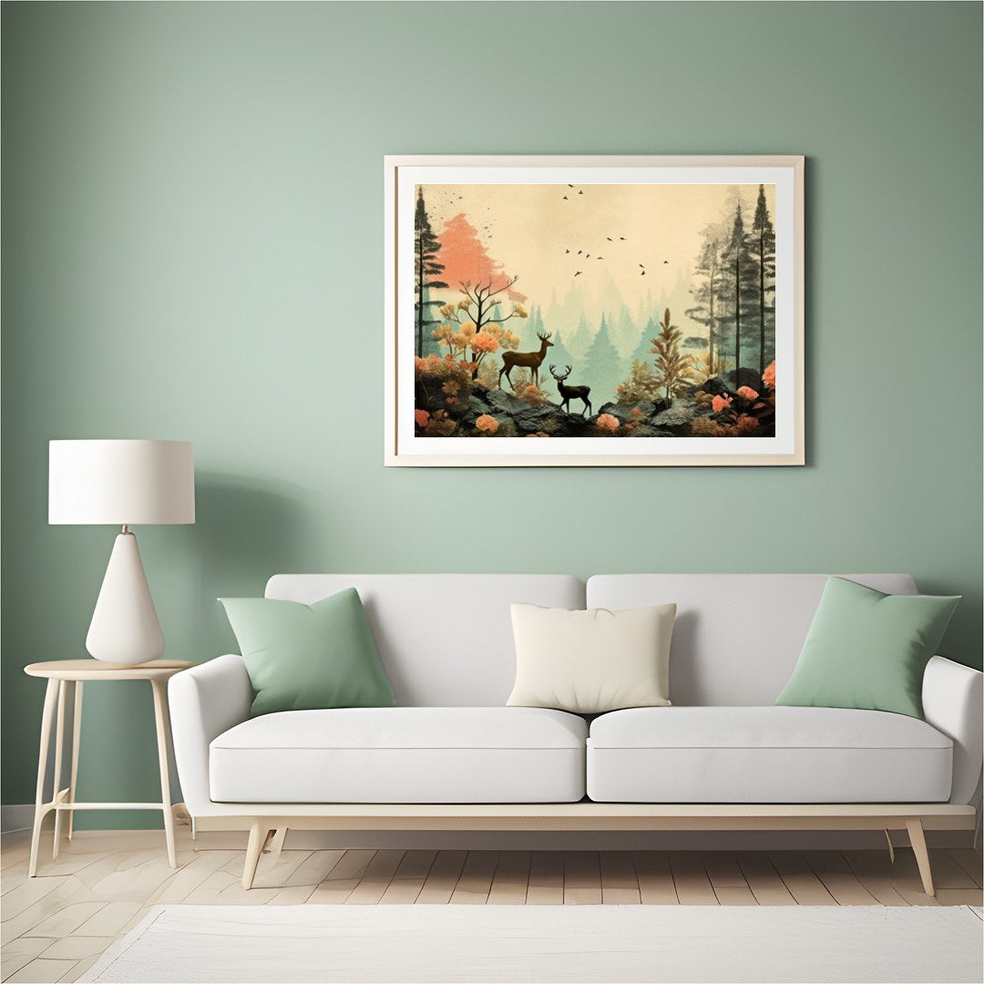 This captivating artwork captures a serene forest scene with delicate deer amidst vibrant foliage. for Hall