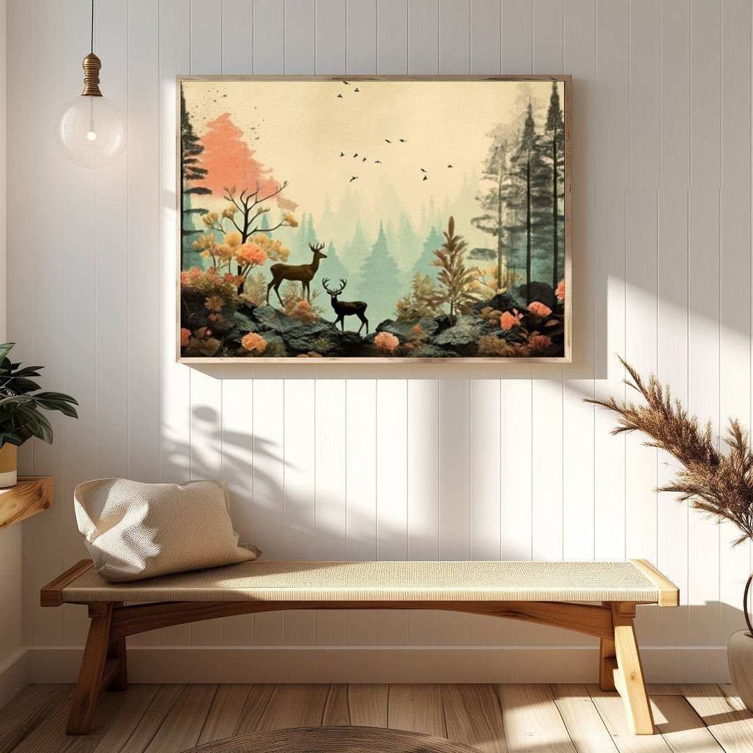 This captivating artwork captures a serene forest scene with delicate deer amidst vibrant foliage. for Hallway
