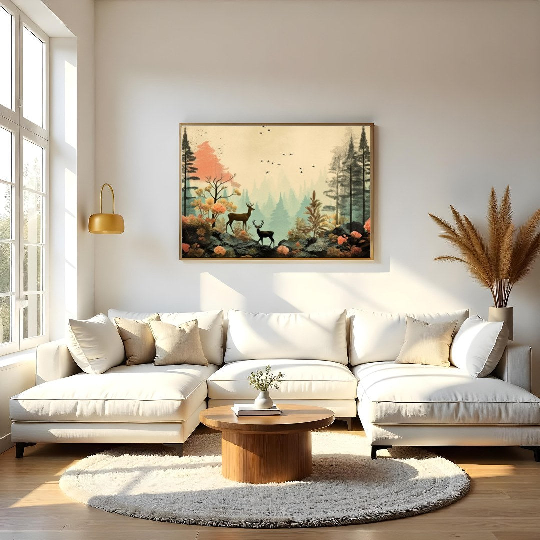 This captivating artwork captures a serene forest scene with delicate deer amidst vibrant foliage. for Living Room