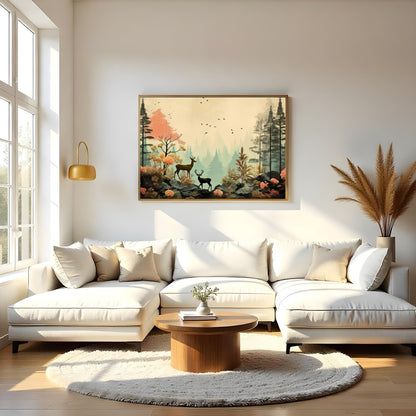 This captivating artwork captures a serene forest scene with delicate deer amidst vibrant foliage. for Living Room