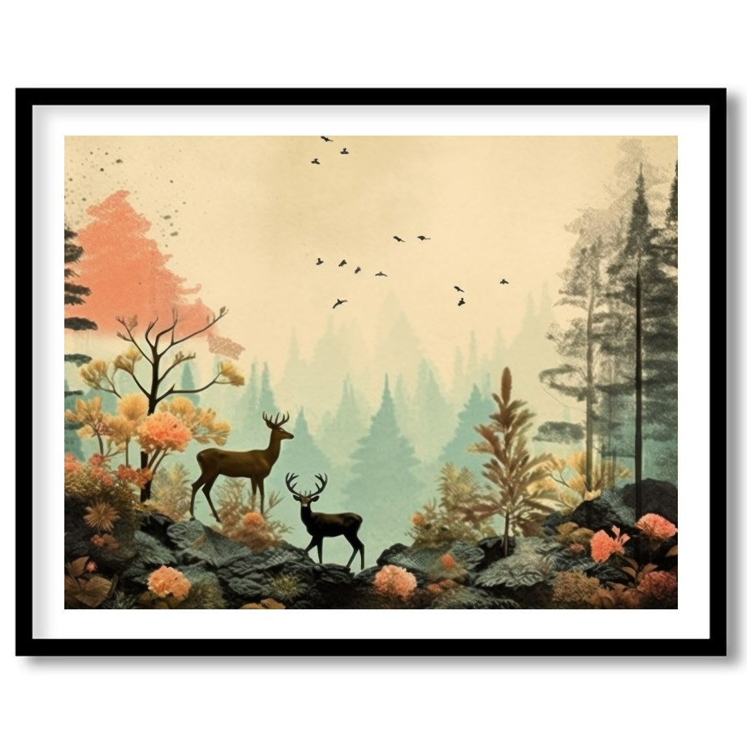 This captivating artwork captures a serene forest scene with delicate deer amidst vibrant foliage. for lovely-house