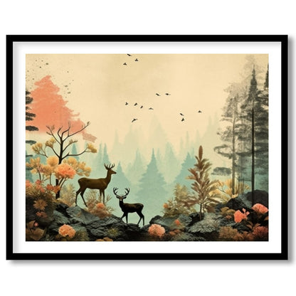 This captivating artwork captures a serene forest scene with delicate deer amidst vibrant foliage. for lovely-house