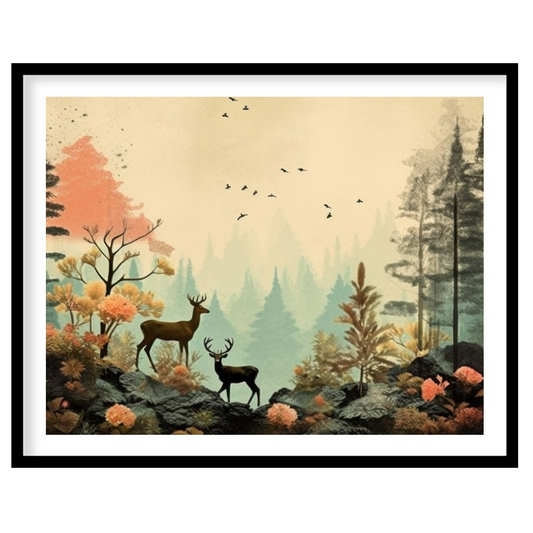 This captivating artwork captures a serene forest scene with delicate deer amidst vibrant foliage. for lovely-house