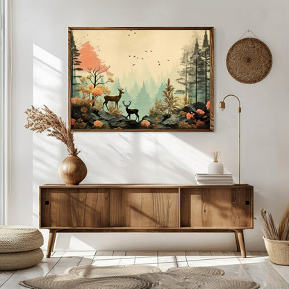 This captivating artwork captures a serene forest scene with delicate deer amidst vibrant foliage. for Sitting Area