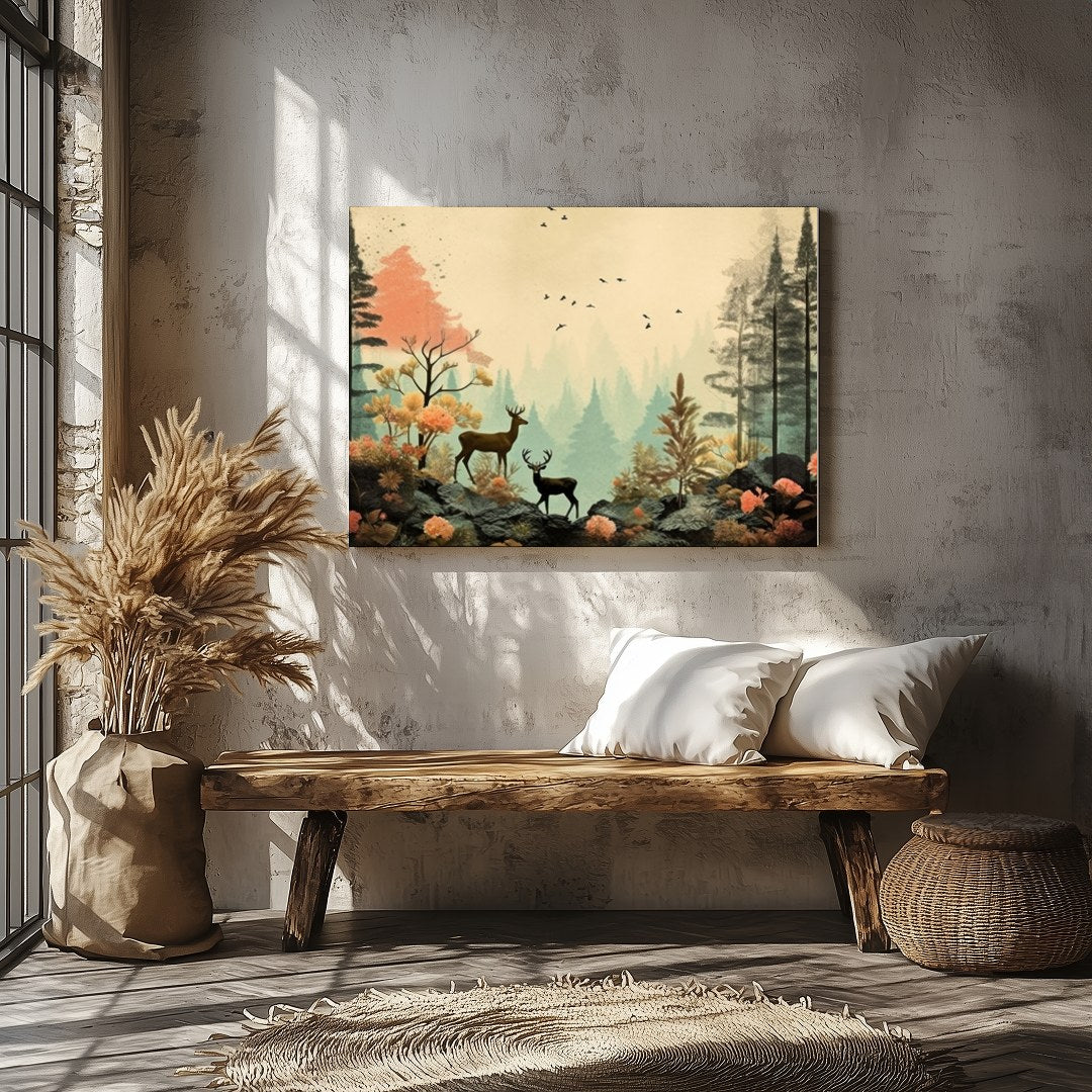 This captivating artwork captures a serene forest scene with delicate deer amidst vibrant foliage. for Veranda